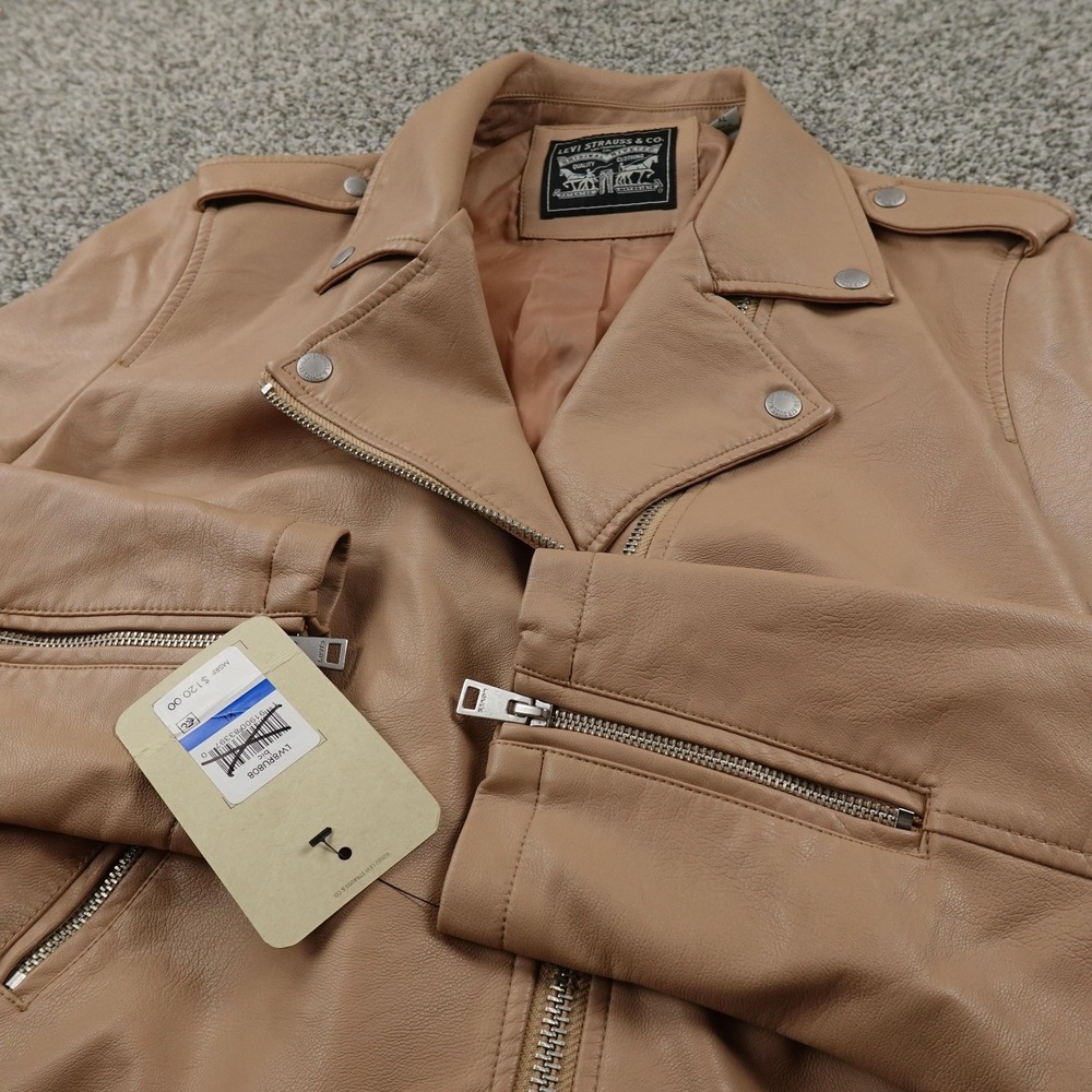NEW Levis Jacket Womens XL Beige Faux Leather Moto Biker Belted Zip Motorcycle
